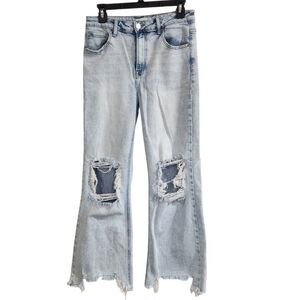 Risen Wide Leg Jeans Womens Sz 11/30 High Rise  Distressed Raw Hem Stretch